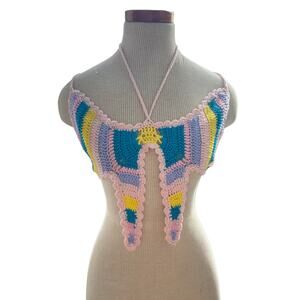 Crochet Striped Butterfly Halter Cropped festival top
